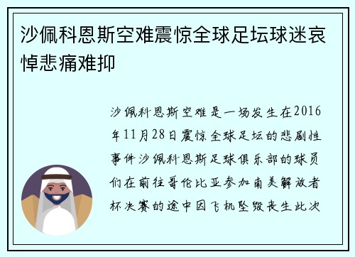 沙佩科恩斯空难震惊全球足坛球迷哀悼悲痛难抑 沙佩科恩斯空难震惊全球足坛球迷哀悼悲痛难抑