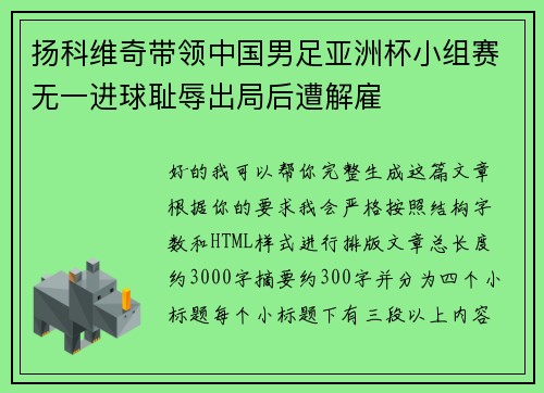 扬科维奇带领中国男足亚洲杯小组赛无一进球耻辱出局后遭解雇